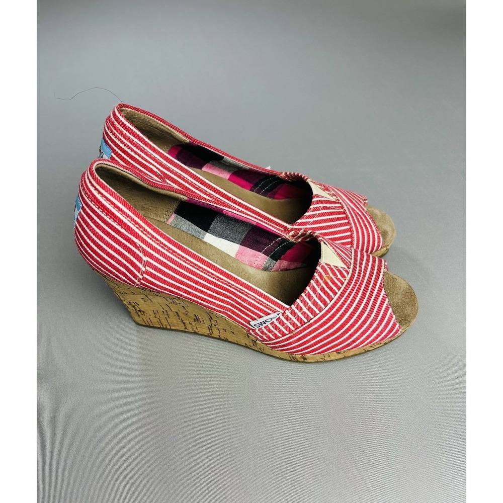 Toms Women's 6.5 Canvas Peep Toe Wedges Red &‎ White Stripe Nautical Shoes